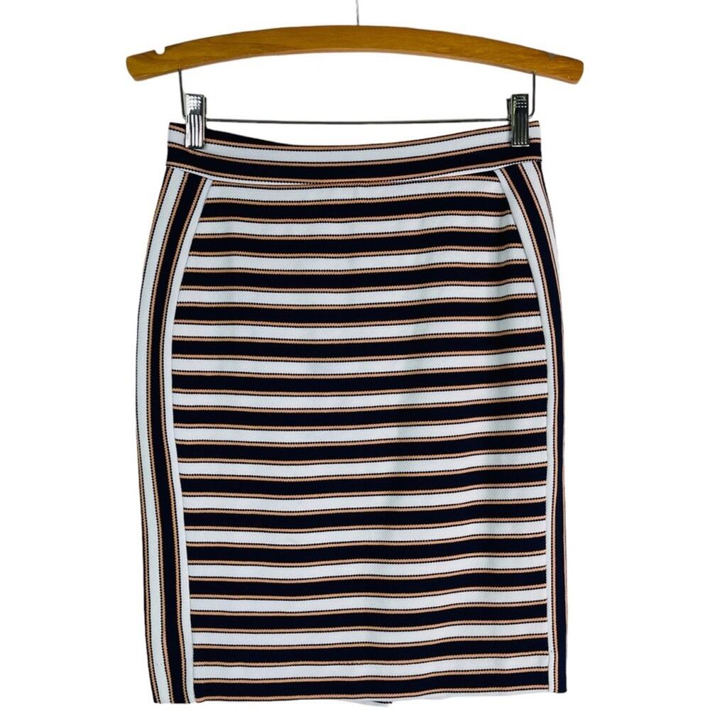 Banana Republic blue white peach stripe coastal nautical preppy midi skirt 4P